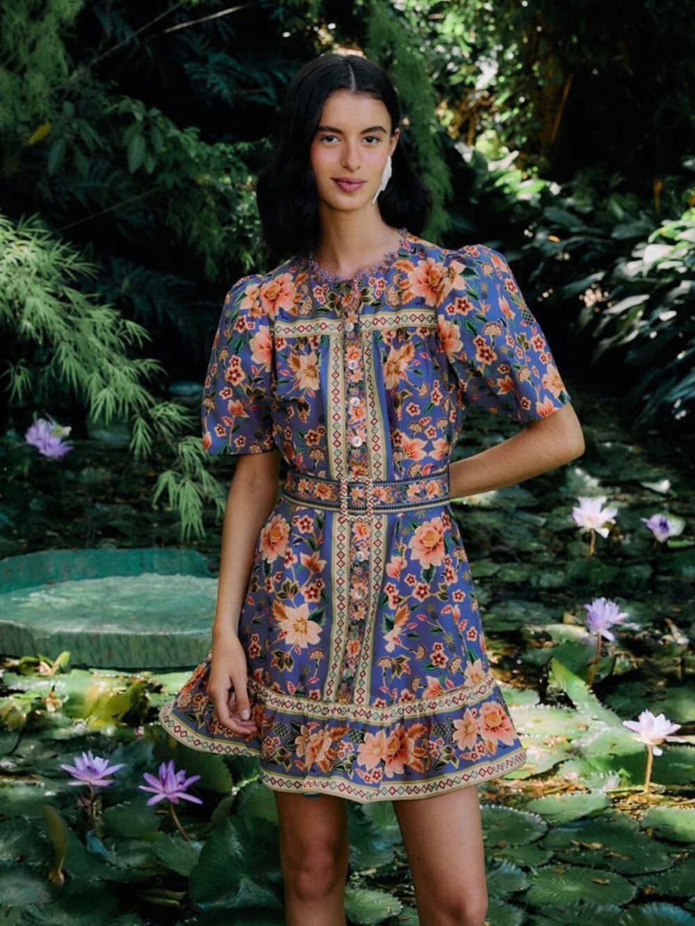NWT FARM Rio Blue Superbloom Tapestry Organic Cotton Mini Dress